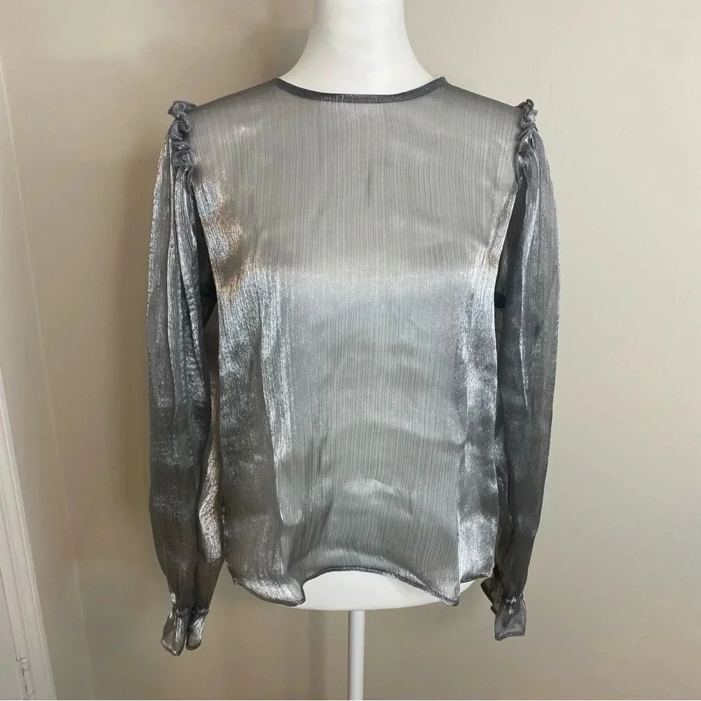 NWT Free People Freya Frost Top Metallic Silver Gray Sheer Long Sleeve Ribbon SP